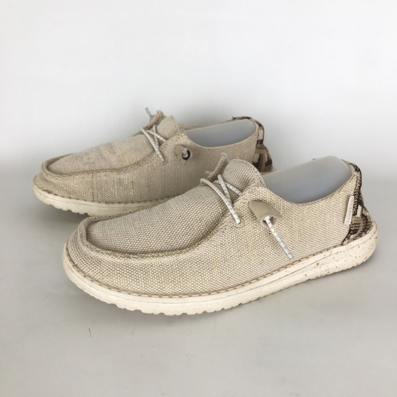 Hey Dude Shoes - Hey Dude Wendy Canvas Shoes Neutral Cream Gold Threading Women’s Size 6 Boho